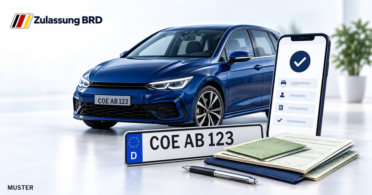 Online Fahrzeugzulassung in Landkreis Coesfeld: Musterkennzeichen COE AB 123, Auto und Fahrzeugpapiere und Smartphone. Illustration mit Logo von Zulassung BRD.